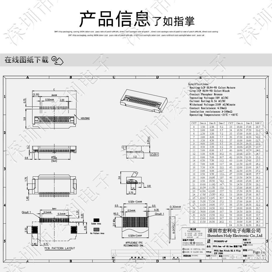 草莓视频成人APP污丨FFC/FPC软排线连接器 FPC插座 间距0.5mm-64p H2.0翻盖下接